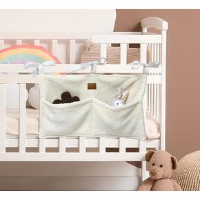 Baby Bedside Hanging storage. Crib Diaper Caddy Organizer made of Teddy Material with 2 storage Compartments. Hanging Nursery Storage for Toys and Books. Perfect Organizer for Kids and Adults