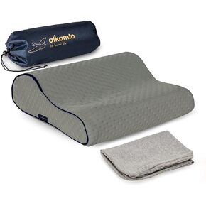 alkamto Travel & Camping Comfortable Memory Foam Pillow with Extra Cotton Cover – Easy to Carry Portable Bag – Temperature Regulating Pillow Case - Perfect for Travelling/Fishing/Backpacking/Hiking