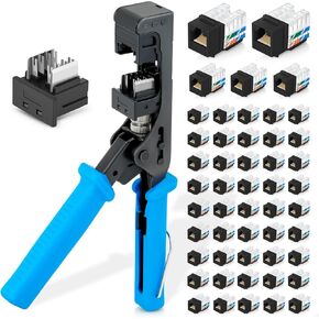 Bundle – 3 Items: easyJACK - 90° Angled Speed Termination Tool + Replacement Head + 90° Angled Cat6 Keystone Jacks in Black (50 Pack)