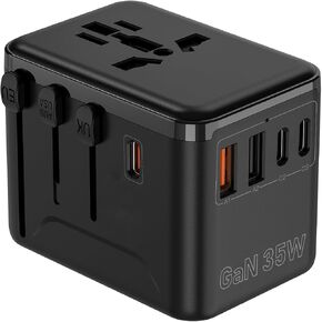 Universal Travel Adapter, GaN 35W International Plug Adapter with 2 Type C & 2 USB and 1 Quick Charging Ports, Available Plugs for EU/UK/AUS/US, Black Socket Mix Design