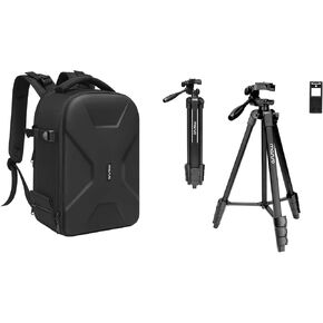 MOSISO58 inch Camera Phone Tripod Stand with Tablet Phone Mount&Camera Backpack, DSLR/SLR/Mirrorless Photography Camera Bag Full Open Hardshell Case with Insert&Tripod Holder&Laptop Compartment, Black