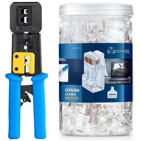 Bundle – 2 items: RJ45 Crimp Tool + 200 Pack of Cat6/6A Pass Through Connectors for a Thick 23 AWG Large Diameter UTP Cable.