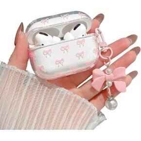 MINSCOSE Compatible with AirPods Pro 2 Clear Case,Cute Bow Pattern Pretty Ribbon Aesthetic Design with Bow Pearl Keychain,Soft TPU Protective Shockproof Case for Women Girl for AirPods Pro 2-Pink