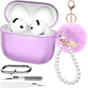 5 in 1 Kit Clear for AirPods 4th Case Cover Accessories Set, TPU Soft Silicone Protective for AirPods 4th Generation Case with Cute Ball, Pearl Pendant, Cleaner Pen, Keychain (Clear)