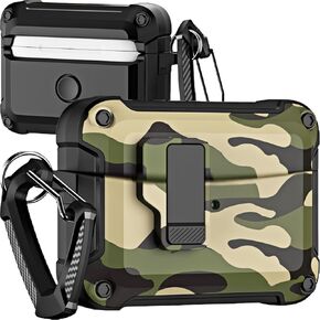 for Apple Airpods 4 Generation 2024 Case Cover with Lock, Armor Rugged Camo Military Hard Shell Protective [Front LED Visible] Earbuds Skin for Airpods 4th Camouflage Green