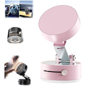Foldable Portable Vacuum Magnetic Cell Phone Holder, 360° Adjustable Vacuum Suction Car Phone Mount, Double Sided Magnetic Bracket for Car/Mirror/Gym (Pink)