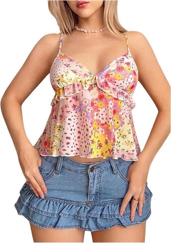 Milumia Women's Floral Mesh Cami Crop Top V Neck Ruffle Spaghetti Strap Tank Tops in Saudi Arabia