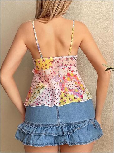 Milumia Women's Floral Mesh Cami Crop Top V Neck Ruffle Spaghetti Strap Tank Tops in Saudi Arabia