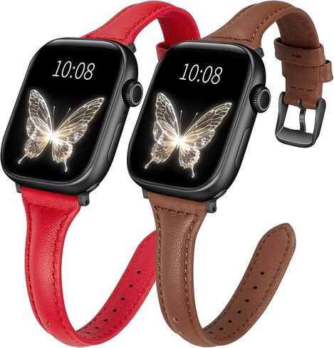 2 حزمة حزمة من الجلد النحيف المتوافقة مع Apple Watch Band 38mm 40mm 41mm 42mm 44mm 45mm 46mm 49mm 49 مم ، حزام جلدي أصلي الطبقة العليا لسلسلة Iwatch 10/9/8/7/6 5/4/3/2/1/se/ultra in Kuwait