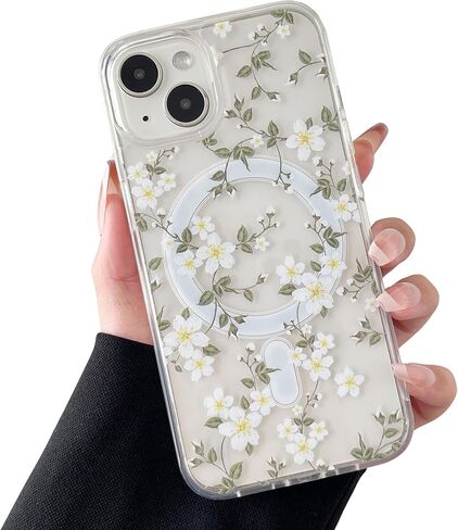 Ztofera for iPhone 13/14 حالة مغناطيسية متوافقة مع Magsafe ، تصميم نمط الأزهار الجمالي اللطيف للنساء الفتاة ، غطاء الهاتف الصلب المضاد للدوار لـ iPhone 13/14-Big White Flower in Kuwait