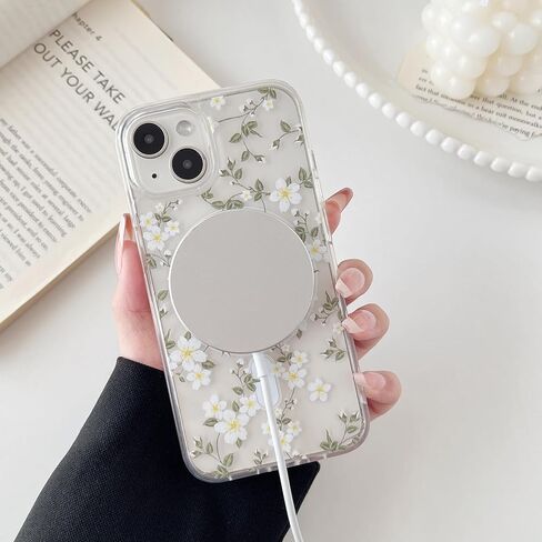 Ztofera for iPhone 13/14 حالة مغناطيسية متوافقة مع Magsafe ، تصميم نمط الأزهار الجمالي اللطيف للنساء الفتاة ، غطاء الهاتف الصلب المضاد للدوار لـ iPhone 13/14-Big White Flower in Kuwait