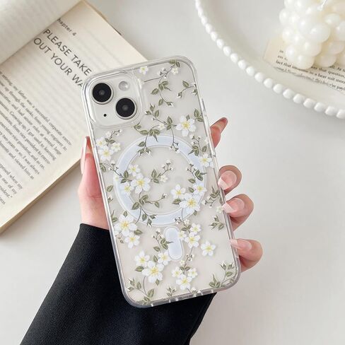 Ztofera for iPhone 13/14 حالة مغناطيسية متوافقة مع Magsafe ، تصميم نمط الأزهار الجمالي اللطيف للنساء الفتاة ، غطاء الهاتف الصلب المضاد للدوار لـ iPhone 13/14-Big White Flower in Kuwait