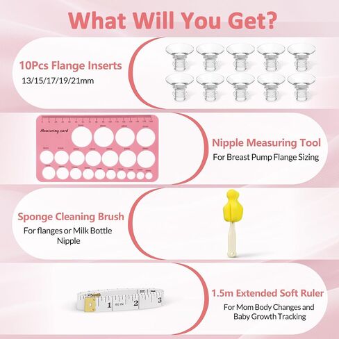 Flange Sizing Kit, 10PCS Breast Pump Flange Inserts 13/15/17/19/21mm with Nipple Measuring Ruler Cleaning Brush, Silicone Flange Sizer Measurement Tool, Breastfeeding Essentials for 24mm Most Pumps in Saudi Arabia