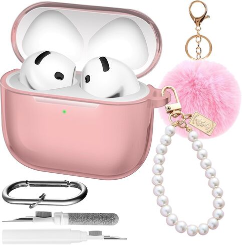5 in 1 Kit Clear for AirPods 4th Case Cover Accessories Set, TPU Soft Silicone Protective for AirPods 4th Generation Case with Cute Ball, Pearl Pendant, Cleaner Pen, Keychain (Clear) in Saudi Arabia