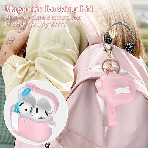 AirPods 4 Case with Free Cleaning Kit Shockproof Cover, Anti-Slip Adjustable Kickstand, Anti-Fingerprint Coating & Precision, Full Drop Protection Cover with Cute Keychain, Pink in Saudi Arabia