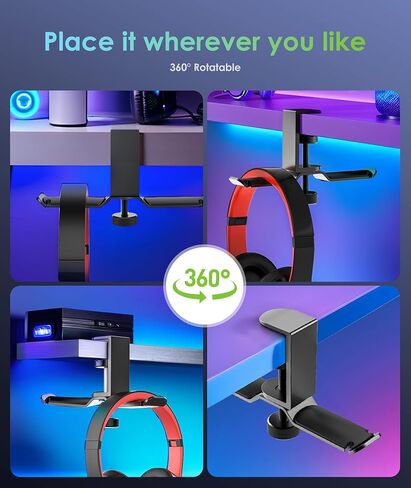 6amLifestyle Dual Rotatable Headphone Stand Hanger Under Desk Clamp Headset Holder Aluminum Load up to 11lb Headset Stand Hanger Compatible with Universal Headphones, Black 6A-13BK in Kuwait