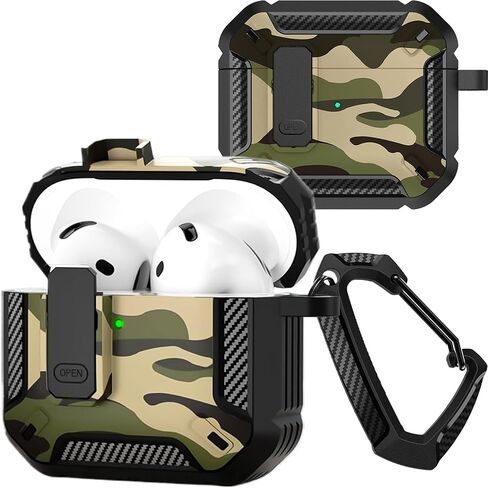 for Apple Airpods 4 Generation 2024 Case Cover with Lock, Armor Rugged Camo Military Hard Shell Protective [Front LED Visible] Earbuds Skin for Airpods 4th Camouflage Green in Saudi Arabia