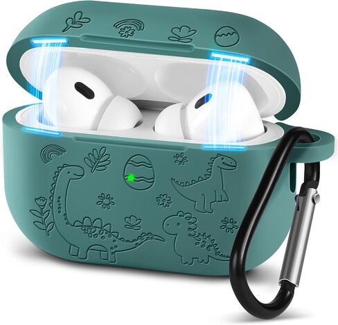 BOARETIU for Airpod Pro Case ، for Airpod Pro 2 Case - 3D Silicone محفور على غطاء Kawaii لطيف مع Carabiner Keychain for Women Girls Green Design for Airpods Pro 2nd/1st Gen Cases ، Dinosaur in Kuwait