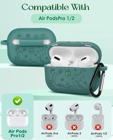 BOARETIU for Airpod Pro Case ، for Airpod Pro 2 Case - 3D Silicone محفور على غطاء Kawaii لطيف مع Carabiner Keychain for Women Girls Green Design for Airpods Pro 2nd/1st Gen Cases ، Dinosaur in Kuwait