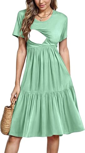 PARNIXS Women's Summer Nursing Dress Short Sleeve Maternity Knee Length Breastfeeding Dress in Kuwait