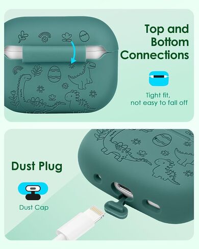 BOARETIU for Airpod Pro Case ، for Airpod Pro 2 Case - 3D Silicone محفور على غطاء Kawaii لطيف مع Carabiner Keychain for Women Girls Green Design for Airpods Pro 2nd/1st Gen Cases ، Dinosaur in Kuwait