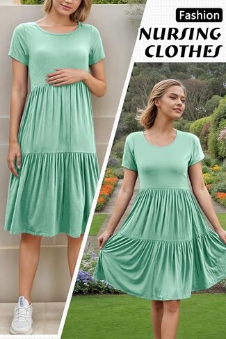 PARNIXS Women's Summer Nursing Dress Short Sleeve Maternity Knee Length Breastfeeding Dress in Kuwait