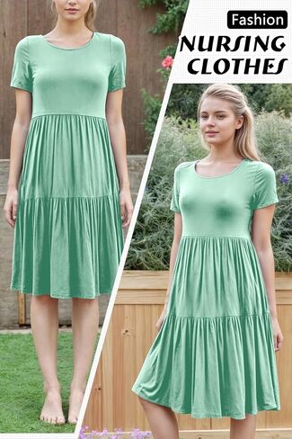 PARNIXS Women's Summer Nursing Dress Short Sleeve Maternity Knee Length Breastfeeding Dress in Kuwait