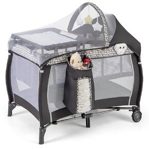 BABY JOY 4 in 1 Pack and Play, Portable Baby Playard with Bassinet, Adjustable Canopy, Changing Table, Lockable Wheels, Glowing Music Box, Travel Baby Crib Bassinet Bed from Newborn to Toddler