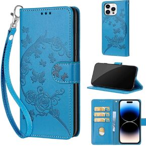 Designed for iPhone 14 Pro Case Wallet,Women Flip Folio Cover with Embossed PU Leather Stand Credit Card Holders Slots Wrist Strap Phone Case for iPhone 14 Pro 6.1 Inch (Rose Gold Butterfly)
