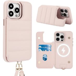 Crossbody Wallet Case for iPhone 16 with Strap,RFID Blocking Leather Flip Case for Women with Card Holder,Magnetic Purse Shockproof Cover with Kickstand,Lanyard,Pale Pink