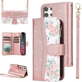 for Samsung Galaxy S25 Ultra 5G Floral Wallet Case with Flip Zipper Purse Wrist Strap Shoulder Strap, Glitter PU Leather Card Holder Stand Phone Cover for S25Ultra 25S S 25 25Ultra Black