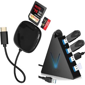 USB C SD Card Reader,Compact for iPhone 15/16,iPad Pro,MacBook+FlyingVHUB 4-Port USB 3.0 Hub, Black,USB Hub Tower.
