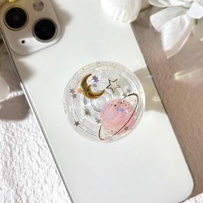 Starry Sky Mobile Phone Grip, Pink Starry Sky and Moon, Transparent Folding Elastic Base, Compatible with Kindle e-Readers, Electronic Accessories