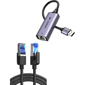 UGREEN Cat 8 Ethernet Cable 6FT High Speed Braided 40Gbps 2000Mhz Network Cord Bundle with 2.5Gb USB to Ethernet Adapter for Laptop