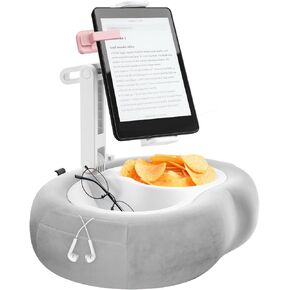Adjustable Tablet Pillow Stand with 360° Rotating Holder, Detachable Snack Tray & Storage Pockets, Soft Washable Velvet for 5-12.9 Inch Devices