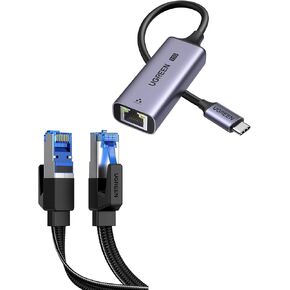كابل Ugreen Cat 8 Ethernet 3ft مسطح عالية السرعة 40 جيجابت في الثانية 2000 ميجا هرتز حزمة الإنترنت مع USB C إلى Ethernet Adapter 2.5g متوافق مع Macbook Air/Pro ، XPs ، iPhone 15/PRO/PRO/MAX