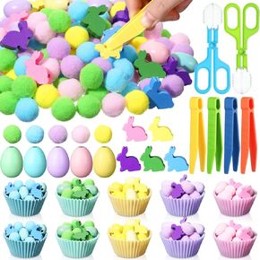 Easter Sensory Bin Filler Fine Motor Toys Include Tweezers 2 Scissors Clips 150 Pom Pom 30 Easter Wooden Bunny and Eggs 10 Sorting Cups for Easter Sorting Counting Training
