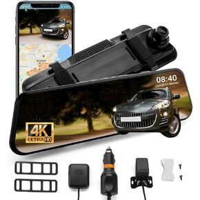 4k Mirror Dash Cam with GPS & Night Vision-10'' Touchscreen Rearview Camera for Cars & Trucks, Front & Rear Dash Cam, Loop Recording, G-Sensor, 170° Wide Angle, Easy Installation in Saudi Arabia