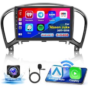 2+64G Android 13 CarPlay Car Stereo Radio for Nissan Juke 2011-2016 Touch Screen 9'' Compatible with Android Auto AHD Backup Camera Bluetooth GPS WiFi FM RDS