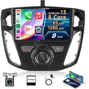 Car Radio for Ford Focus 2012-2018 with GPS Navigation, Rimoody Android 13 Car Stereo 9 Inch Touch Screen Car Radio with Bluetooth FM WiFi Mirror Link + Backup Camera
