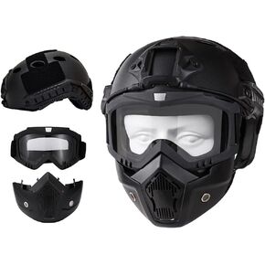 Airsoft Helmet and Full Face Mask, PJ Fast Helmet, Removable Anti-Fog Goggles, Suitable for Paintball, Role-Playing, CS Games