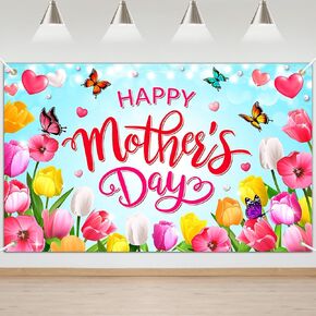 Mocsicka Happy Mother's Day Banner Mothers Day Backdrop Floral Love Heart Background for Mother's Day Party Decoration Photo Studio Prop (Pink)