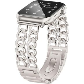Gold Watch Bands Women Compatible with Apple Watch 38mm 40mm 41mm 42mm (S10) Adjustable Metal Band Cowboy Steel Chain Link Bracelet Strap for iWatch Series 10/9/8/7/6/5/4/3/2/1/SE/Ultra