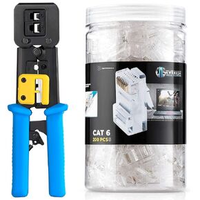 Bundle – 2 items: RJ45 Crimp Tool + 200 Pack of Cat6 Pass Through Connectors.