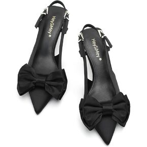 Women's Bow Slingback Pumps Pointed Toe Kitten Heels with Ankle Strap Closed Heeled Sandal Bride Wedding Dress Party Shoes