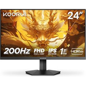 KOORUI Gaming Monitor, 24" Fast IPS Computer Monitor, 200Hz FHD HDR400 Display, 1ms PC Screen, 90% DCI-P3 Color Gamut, Adaptive Sync, Ultra Slim Frame, VESA Mountable, HDMI 2.0, DisplayPort 1.4