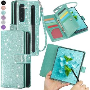 Varikke متوافق مع Galaxy Z Fold 5 Case ، Glitter Pu Leather Wallet Case مع فتحة حامل القلم ، حامل البطاقة ، حزام معصم للنساء والرجال ، النعناع