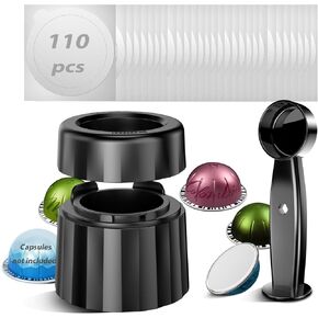 Reusable Pods & Refillable Kit For Vertuo, 110 Refill Aluminum Foil Lids,Compatible with Nespresso Vertuo & Vertuoline,Coffee Capsules Kit with Lid Cutter, Holder & Scoop
