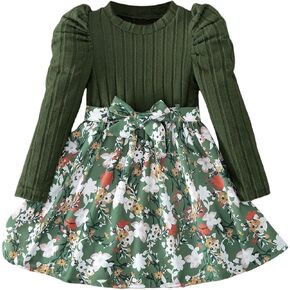 SHENHE Girl's Long Sleeve Dress Floral Patchwork A Line Flare Belted Cute Midi Dress