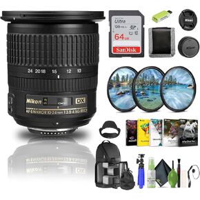 Nikon AF-S DX NIKKOR 10-24mm f/3.5-4.5G ED Lens (2181) + 64GB Memory Card + Filter Kit + Backpack + Card Reader + Corel Photo Software + Flex Tripod + Memory Wallet + Cap Keeper + Cleaning Kit